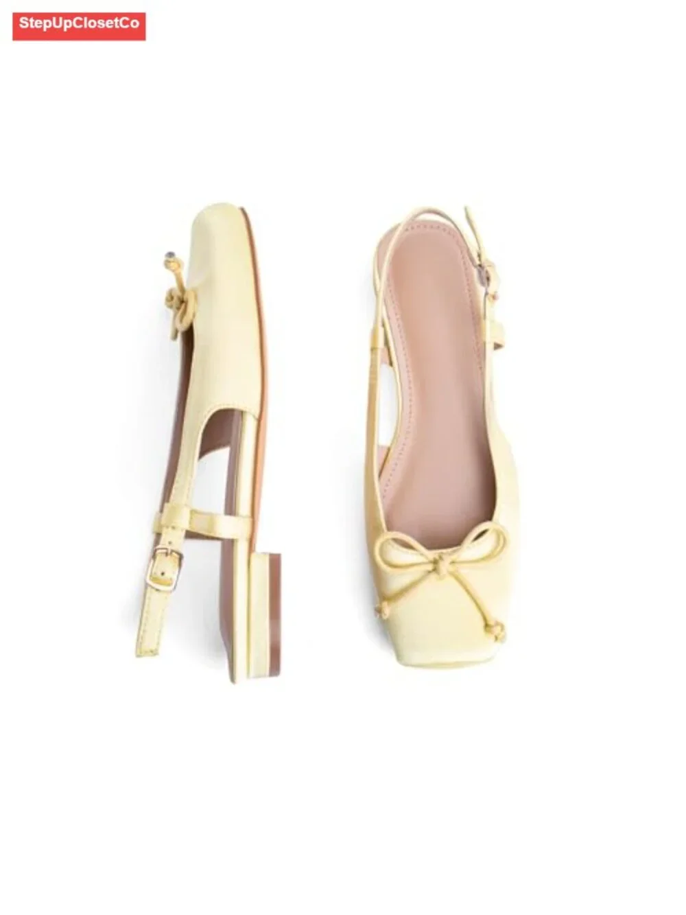 Women's Square Toe Bow Knit Ballet Flats with Ankle Buckles Satin